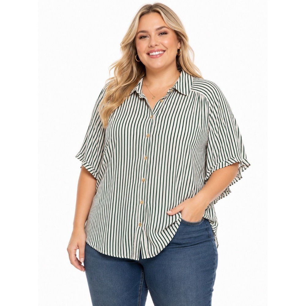 Torrid Plus Size 5‎ Striped Rayon Button Up Blouse Top Green White short sleeve